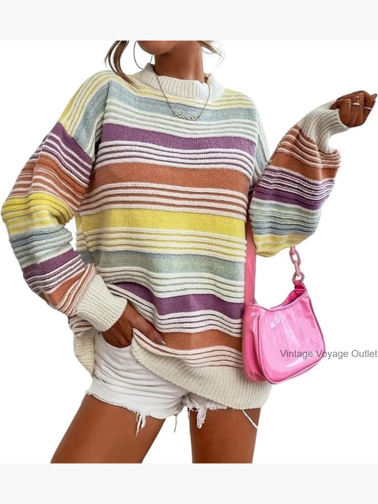Oversized Striped Pullover Sweater Lightweight Knit Crew Neck Long Sleeve